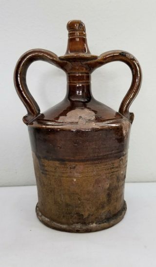 Unusual Antique Primitive Stoneware Pottery Crock 2 Handle Jug