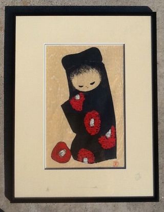 Kaoru Kawano Japanese Woodblock Print Of Girl With Flowers " Camellia "