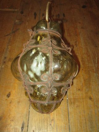 Antique Caged Green Glass Hanging Hall/exterior Lamp