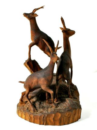 Vintage Signed Armenian Wood Carving Figurine Black Forest Goats Elk Deer Oryx