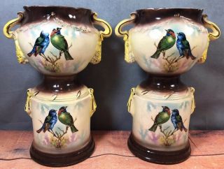 Antique Mantle Vase Urn Pair Song Birds Brown Yellow Coloring 19g