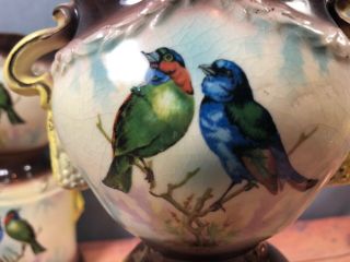 Antique Mantle Vase Urn Pair Song Birds Brown Yellow Coloring 19G 2