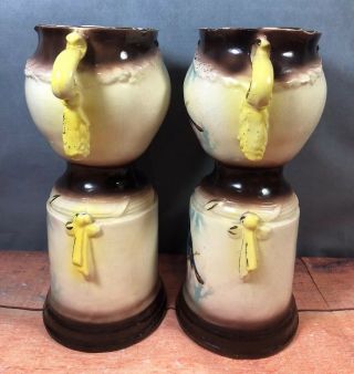 Antique Mantle Vase Urn Pair Song Birds Brown Yellow Coloring 19G 4