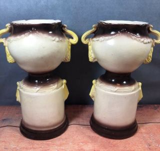 Antique Mantle Vase Urn Pair Song Birds Brown Yellow Coloring 19G 5