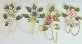 4 Vintage Flowers,  Strawberry Tole Painted Metal Wall Hooks Shabby