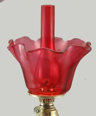 RARE Antique Cranberry Optic Molded Miniature Oil Lamp/ Matching Chimney S1 - 526 2