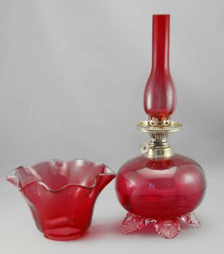 RARE Antique Cranberry Optic Molded Miniature Oil Lamp/ Matching Chimney S1 - 526 4