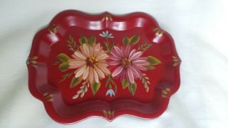 2 Vintage Toleware Tole Trays Hand Painted Small 5 1/2 " X7 1/2 " Red Floral