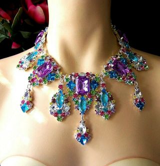 Czech Czarina Lilac Turquoise Clear Rhinestone Runway Bib Necklace Earrings