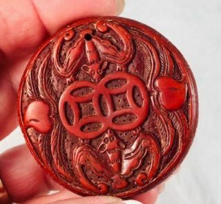 Vintage Chinese Hand Carved Cinnabar Pendant W/ Bats Hearts Double Happiness $1