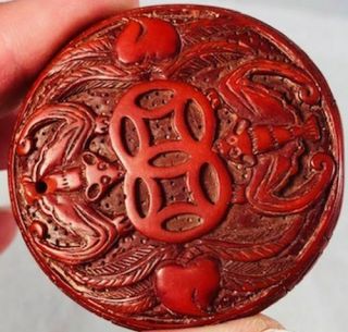 Vintage Chinese Hand Carved Cinnabar Pendant w/ Bats Hearts Double Happiness $1 2