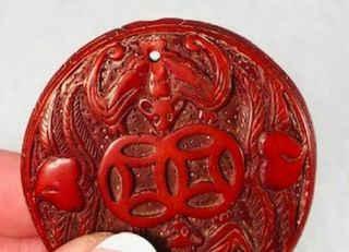 Vintage Chinese Hand Carved Cinnabar Pendant w/ Bats Hearts Double Happiness $1 4