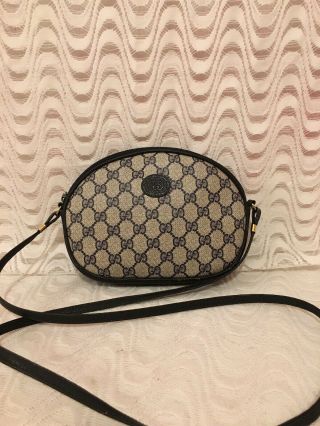 Vintage Gucci Blue Monogram Gg Canvas Leather Oval Shape Cross - Body Handbag