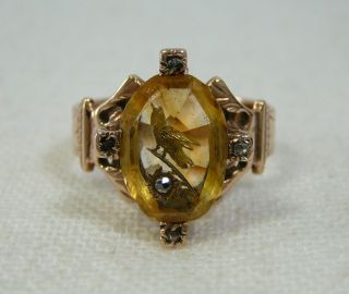 Antique 14k Gold Citrine Diamond Ring Etched Bird Size 4.  5 Victorian Vintage