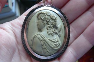 Victorian Carved Lava Cameo,  Gold And Hand Painted Portrait Mourning Pendant