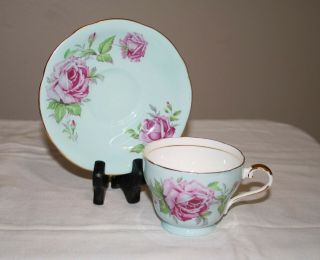 Vintage Aynsley Baby Blue Rose Cup And Saucer Set - England - Bone China