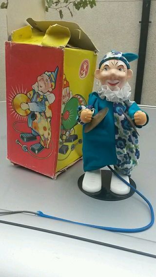 Vintage German Gdr Sonni Circus Clown Playing Cymbals Toy Spring Cable Orig.  Box