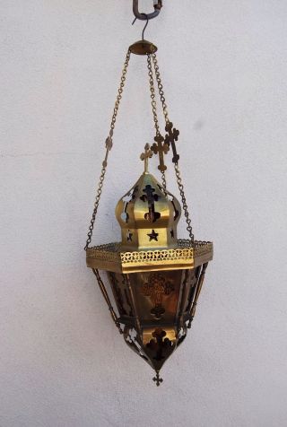 Vintage Religious Church Candle Lamp Lantern Brass Amber Glass Crucifix Theme Ha