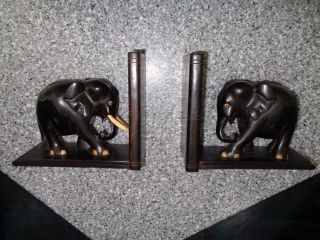 Antique Hand Carved Ebony Elephant Bookends