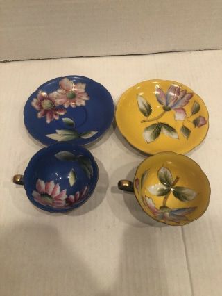 2 Royal Sealy Japan Tea Cups & Saucers Floral Footed Cup Blue And Yellow
