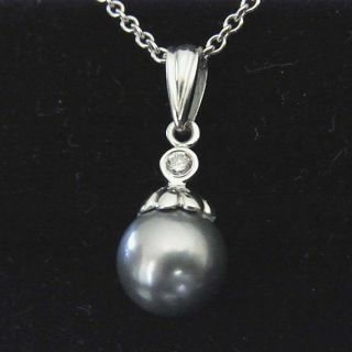 Vintage Diamond 10mm Tahitian Black Pearl 14k White Gold Necklace Pendant Chain 2