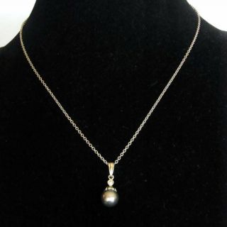 Vintage Diamond 10mm Tahitian Black Pearl 14k White Gold Necklace Pendant Chain 3