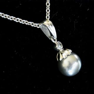 Vintage Diamond 10mm Tahitian Black Pearl 14k White Gold Necklace Pendant Chain 4
