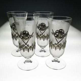 4 Antique Or Vintage Threaded Glasses Tumbler Knights Armor Medieval Glass Art