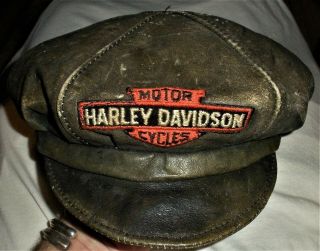 Antique C.  1940 Harley Davidson Leather Hat Cap Great Early Patch On Front Vafo