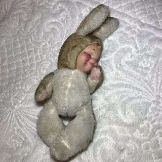 Rushton Rubber Face Sleeping Bunny Vintage Midcentury Plush Toy