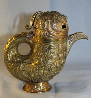 Antique Chinese/tibetan Copper Brass Gilded Dragon Ceremonial Pot 5.  5 " Tall