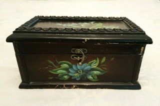 Primitive Hand Painted Floral Vintage Wooden Box 10 " X 5 " X 5 "
