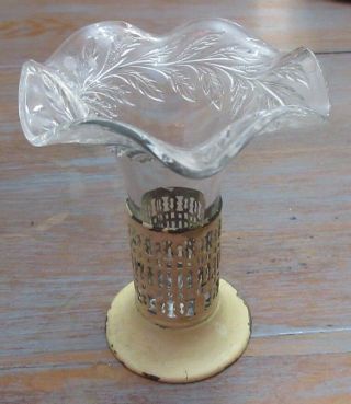 Antique Pressed Glass Bud Vase In Yellow/cream Metal Holder 4 " Tall Sweet