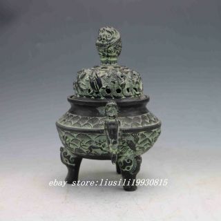 Chinese Hand - carved Bronze Dragon Incense Burner & Lid 2