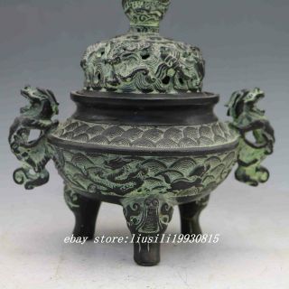 Chinese Hand - carved Bronze Dragon Incense Burner & Lid 3