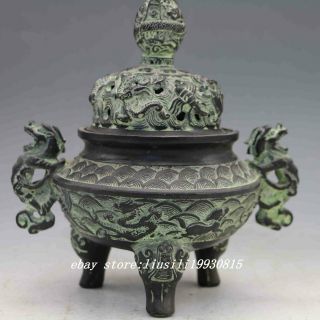 Chinese Hand - carved Bronze Dragon Incense Burner & Lid 4