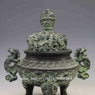 Chinese Hand - carved Bronze Dragon Incense Burner & Lid 5
