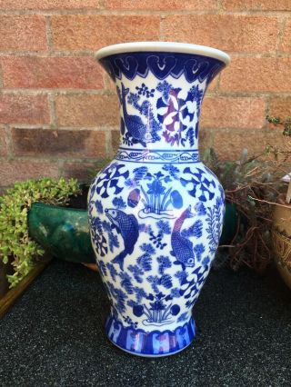 Vintage Chinese Blue White Large Vase With Fish 11.  5 Inch 3