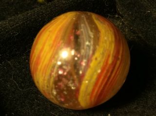 Antique 21/32” Joseph’s Coat Mica German Handmade Divided Core Marble Red Yellow