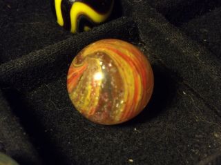 Antique 21/32” Joseph’s Coat Mica German Handmade Divided Core Marble Red Yellow 6