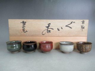 Japanese Takatori Ware Sake Cup 5set W/signed Box/ Various Glaze/ 8275