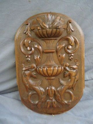 19th Century Oak Carved Mythical Dragons & Flowers Furniture Mount Panel