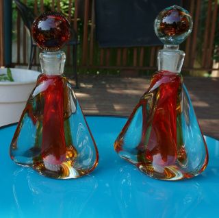 A Twisted Art Deco Art Glass Perfume Bottles Clear & Amber Red Orange