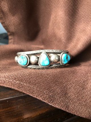 Vintage Navajo Sterling Turquoise Bracelet One Stone Heavy Cuff