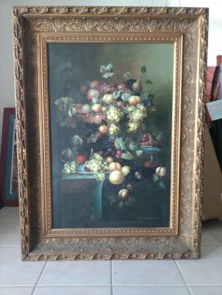 Antique Oil Painting Still Life On Canvas,  1950s With Frame