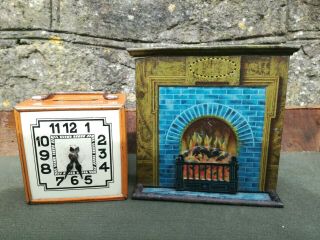 2 Old Vintage Antique Art Deco Tin Plate Litho Money Box Toys Fireplace & Clock