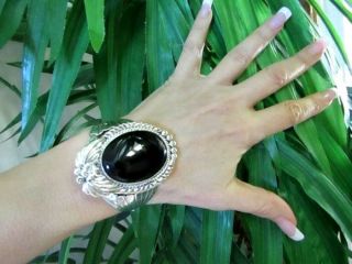 Gorgeous Vintage Carol Felley Big Black Onyx Sterling Silver Cuff Bracelet 1985