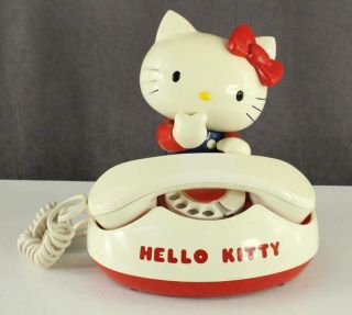 Vintage 1976 Hello Kitty Cat Sanrio Rotary Dial Tabletop Telephone Red & White