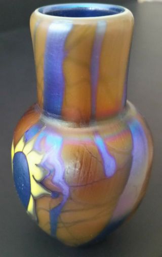 Vintage Lundberg Studios Iridescent Art Glass Mini Vase 1975 Mark Cantor 3 1/8 "