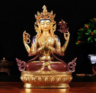 12 " Tibetan Buddhism Copper Gilt Hand Painting Guanayin Valokitesvara Statue